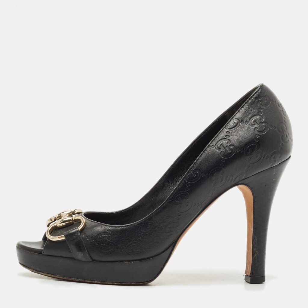 luxury-women-gucci-used-shoes-p1183774-003-1.jpg Gucci Black Guccissima Leather Horsebit Peep Toe Pumps Size 37
