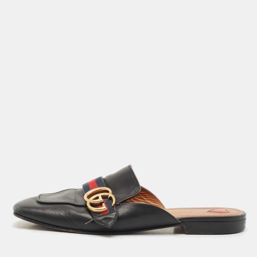 Gucci Black Leather Peyton GG Web Mules Size 38