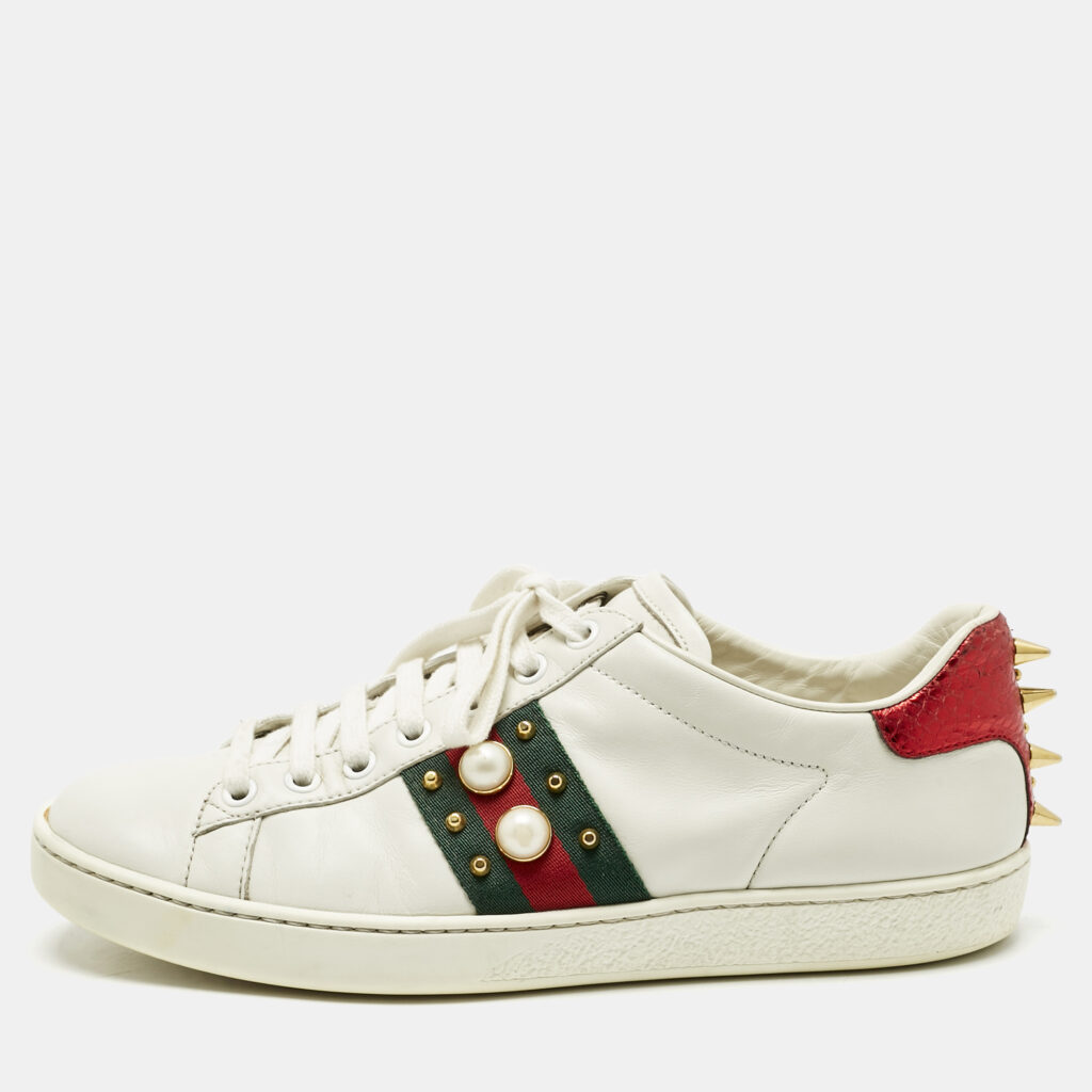 Gucci White Leather Pearl Studded Ace Sneakers Size 37.5