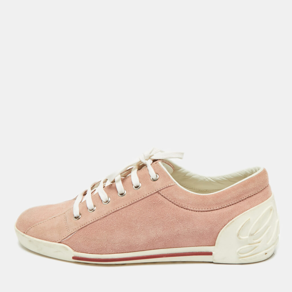Gucci Pink Suede Script Logo Lace Up Sneakers Size 39