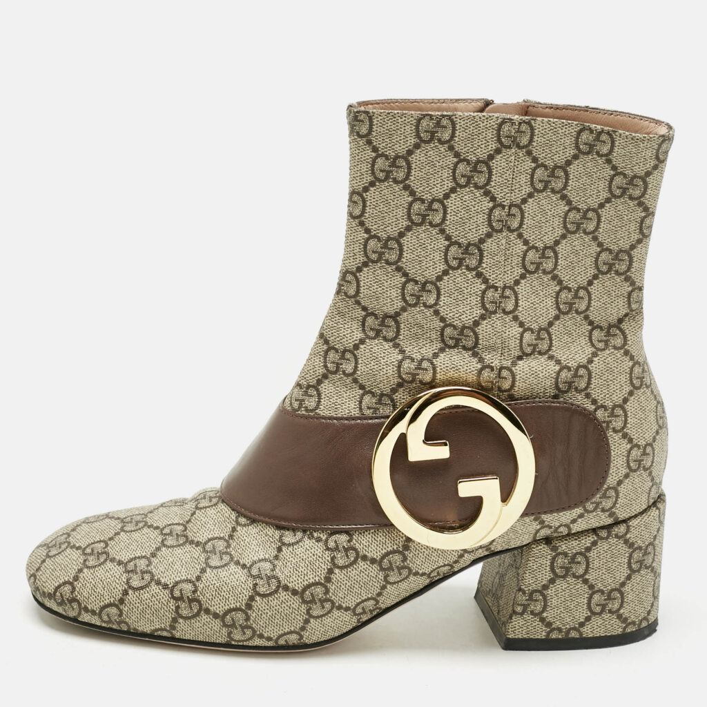 Gucci Beige/Brown GG Supreme Canvas and Leather Blondie Ankle Boots Size 38 Gucci Beige/Brown GG Supreme Canvas and Leather Blondie Ankle Boots Size 38