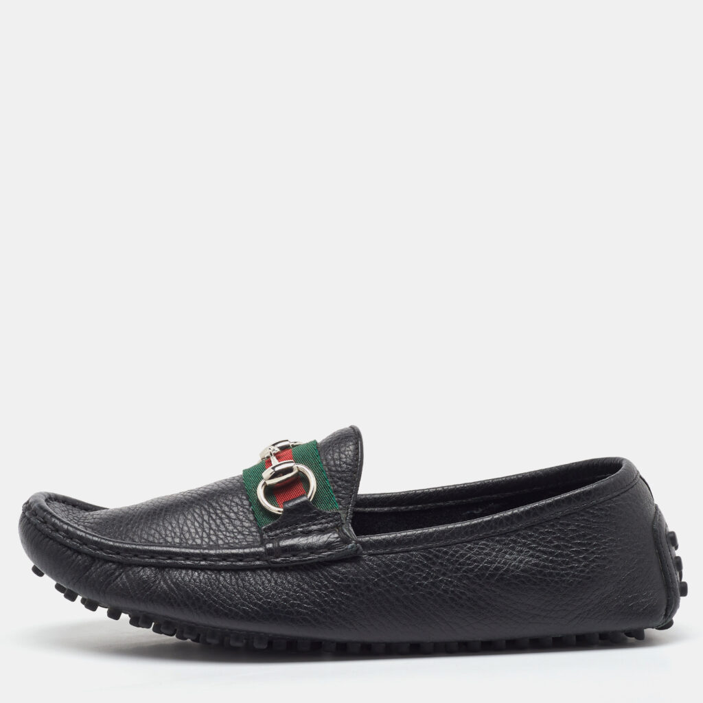 Gucci Black Leather Web Horsebit Slip On Loafers Size 37