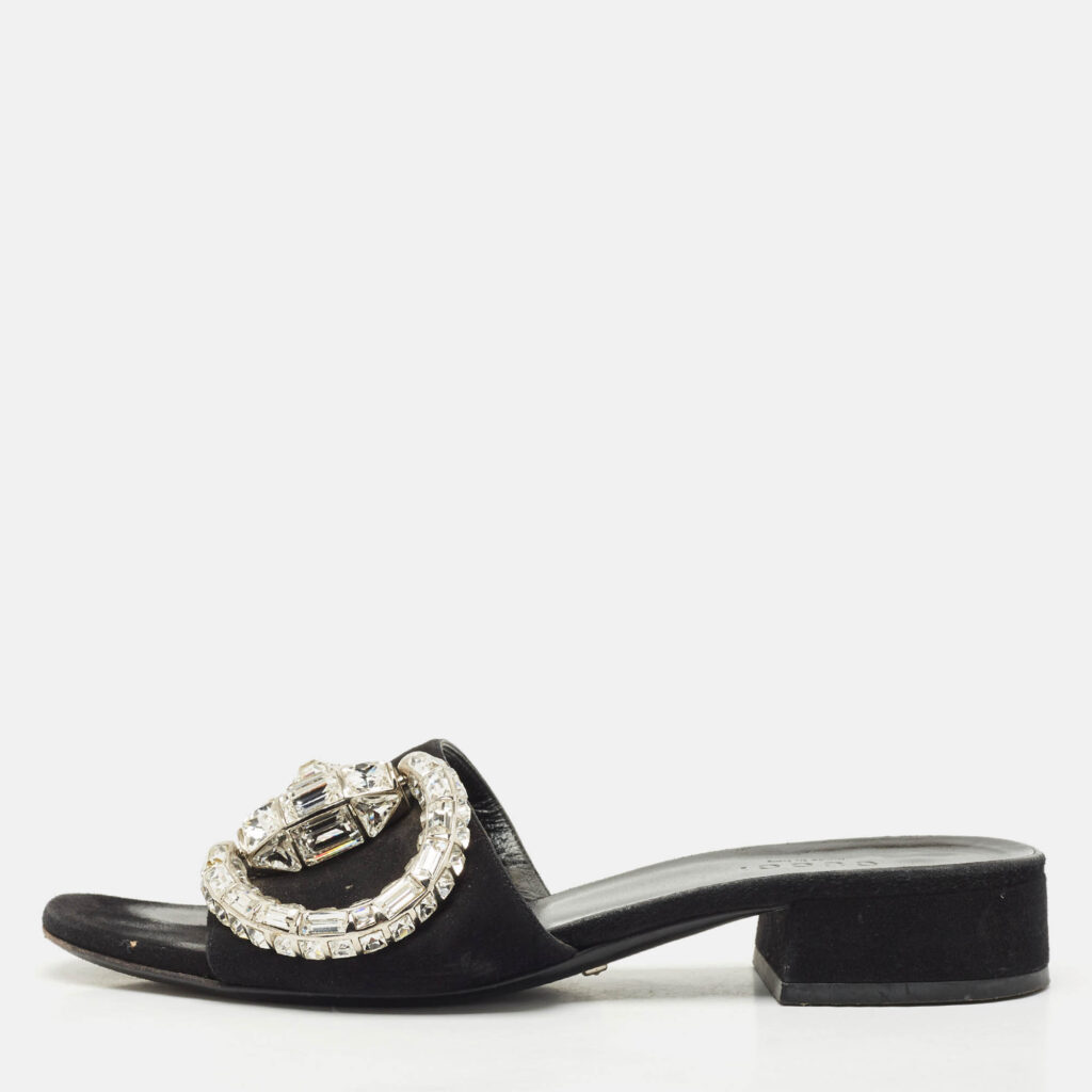 Gucci Black Suede Maxime Crystal Embellished Slide Sandals Size 35