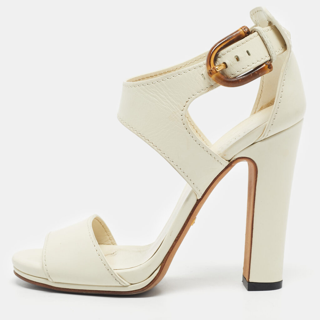 Gucci Cream Leather Lifford Bamboo Buckle Block Heel Sandals Size 37.5 Gucci Cream Leather Lifford Bamboo Buckle Block Heel Sandals Size 37.5