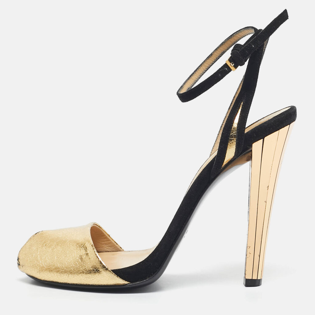 Gucci Gold/Black Leather And Suede Delphine Ankle Strap Sandals Size 37.5 Gucci Gold/Black Leather And Suede Delphine Ankle Strap Sandals Size 37.5