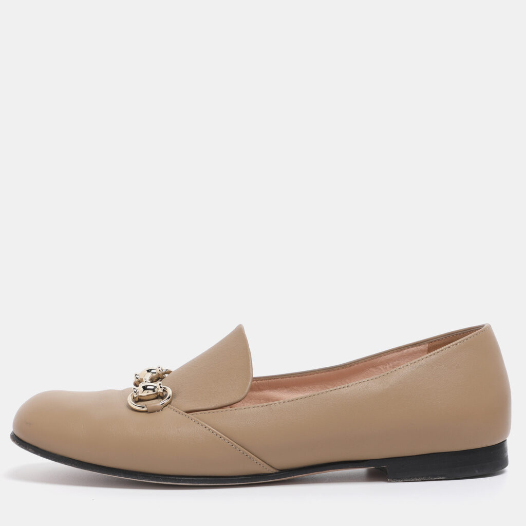 Gucci Dark Beige Leather Horsebit Slip On Loafers Size 38