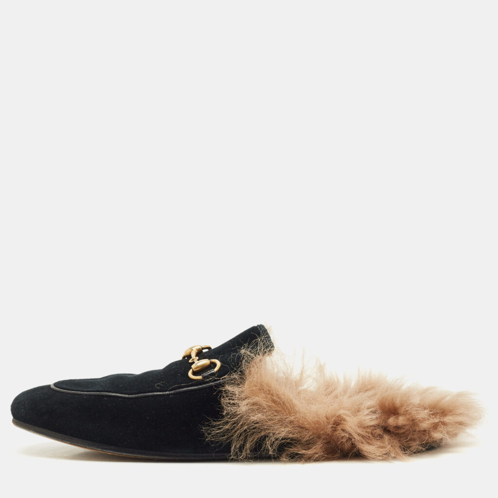 Gucci Black Velvet And Fur Lined Princetown Flat Mules Size 36.5