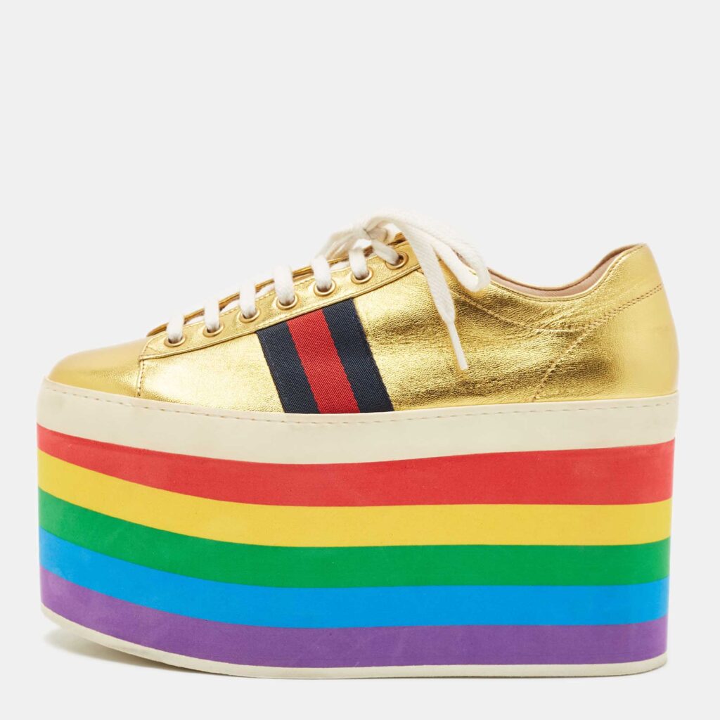 Gucci Metallic Gold Leather Peggy Platform Sneakers Size 37.5 Gucci Metallic Gold Leather Peggy Platform Sneakers Size 37.5
