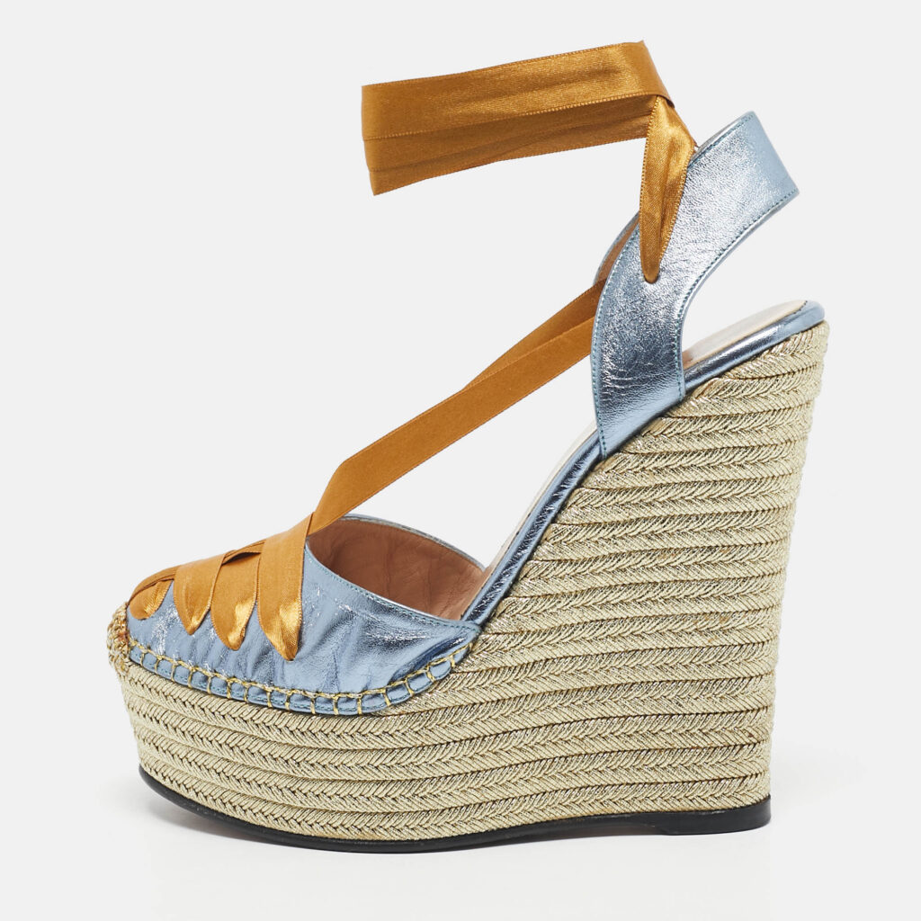 Gucci Blue/Gold Leather Ankle Wrap Wedge Sandals Size 36