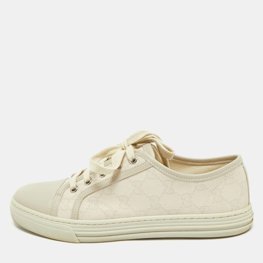 Gucci Grey GG Canvas and Leather Lace Up Sneakers Size 37.5 Gucci Grey GG Canvas and Leather Lace Up Sneakers Size 37.5