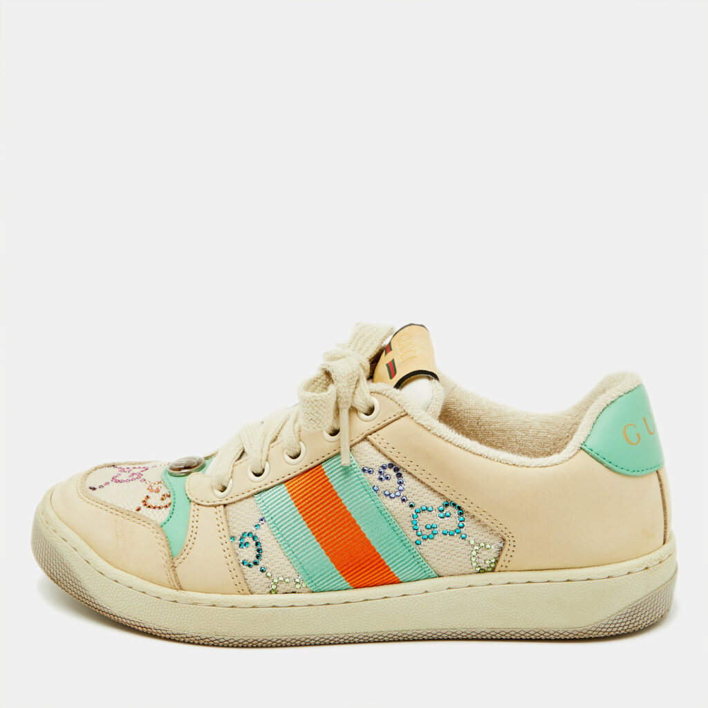 Gucci Multicolor Nubuck Leather and Crystal GG Canvas Screener Sneakers Size 36