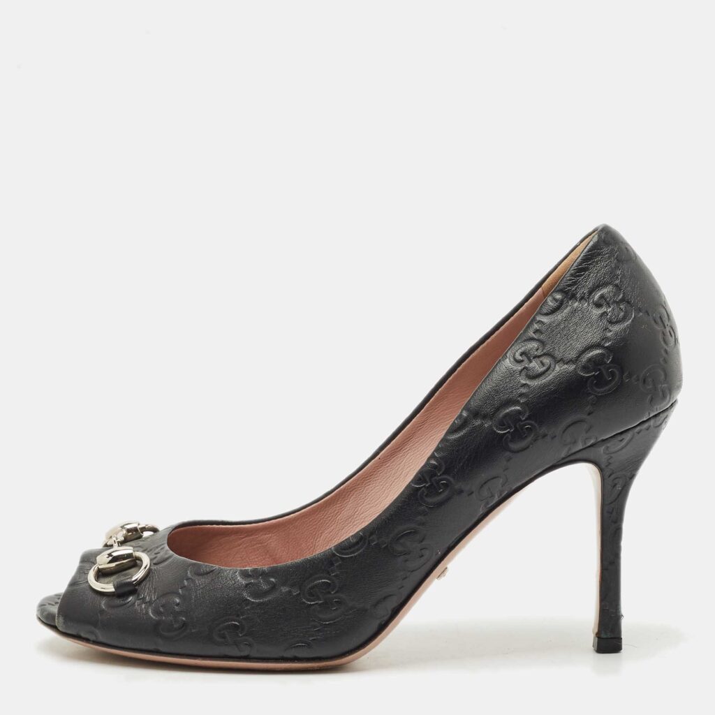 Gucci Black Leather New Hollywood Horsebit Peep Toe Pumps Size 38