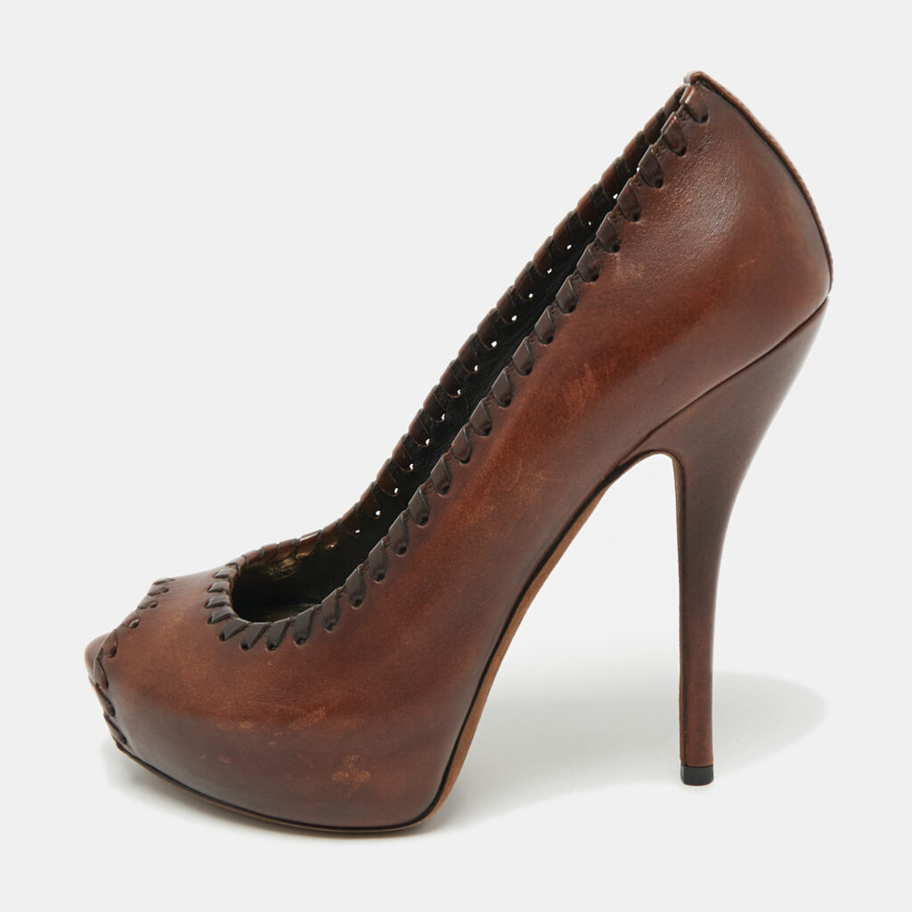 Gucci Brown Leather Platform Peep Toe Pumps Size 36