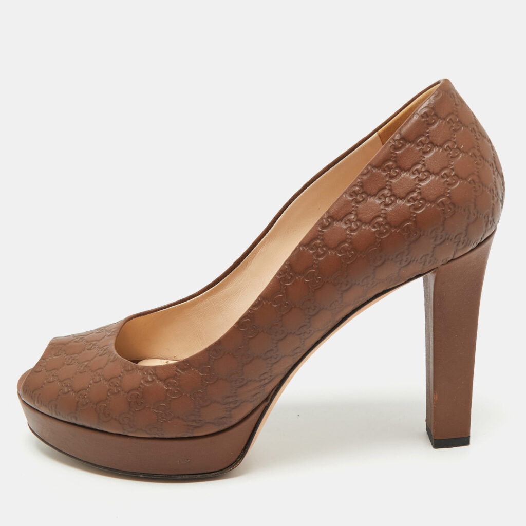 Gucci Brown Guccissima Leather Peep Toe Platform Pumps Size 38