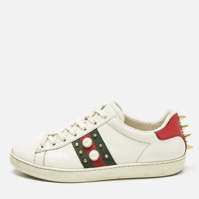 Gucci White Leather Web Detail New Ace Faux Pearl Embellished Low Top Sneakers Size 36 Gucci White Leather Web Detail New Ace Faux Pearl Embellished Low Top Sneakers Size 36