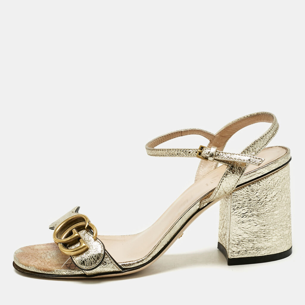 Gucci Metallic Gold Leather GG Marmont Ankle Strap Block Heel Sandals Size 36 Gucci Metallic Gold Leather GG Marmont Ankle Strap Block Heel Sandals Size 36