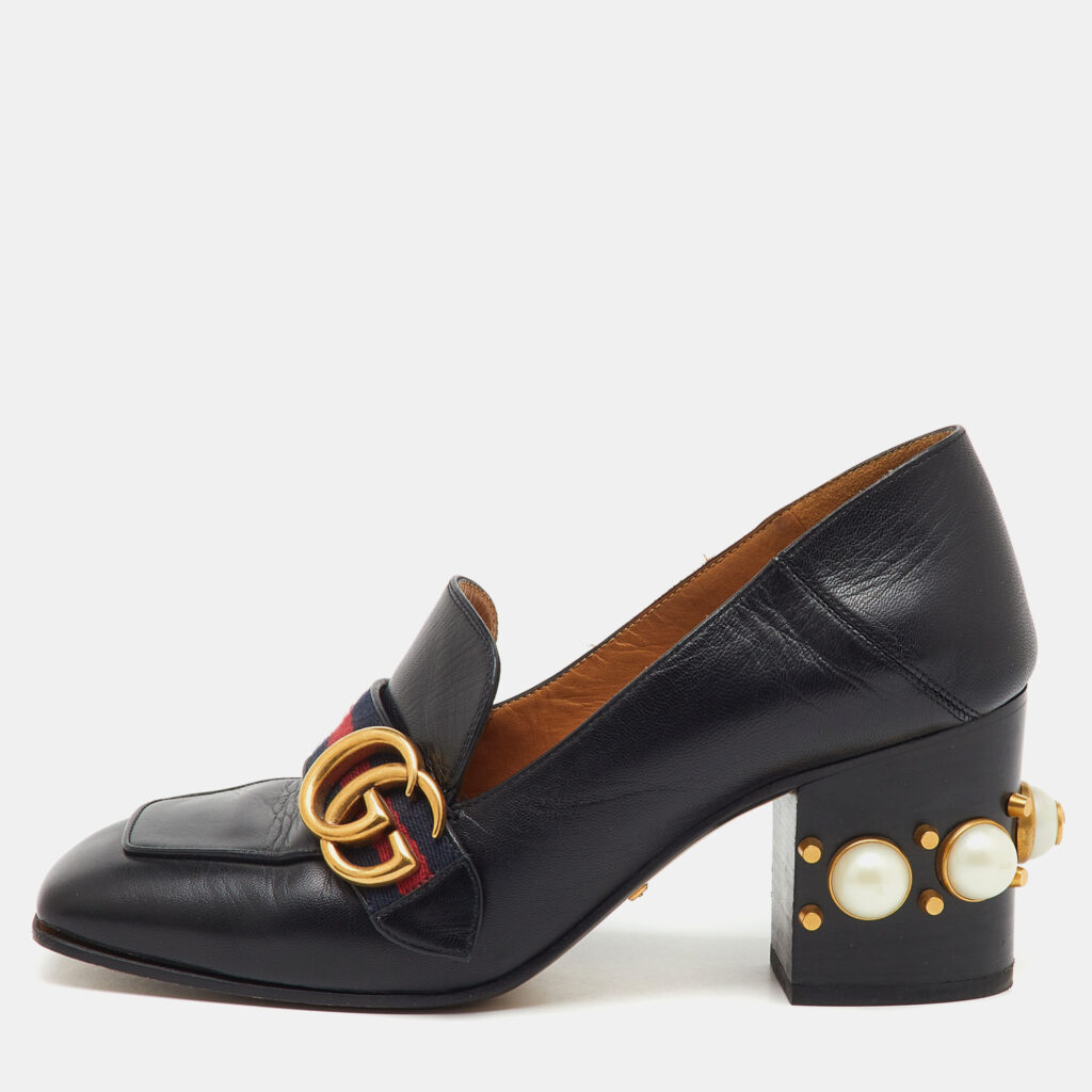 Gucci Black Leather Web Pearl Embellished Peyton Loafer Pumps Size 37 Gucci Black Leather Web Pearl Embellished Peyton Loafer Pumps Size 37