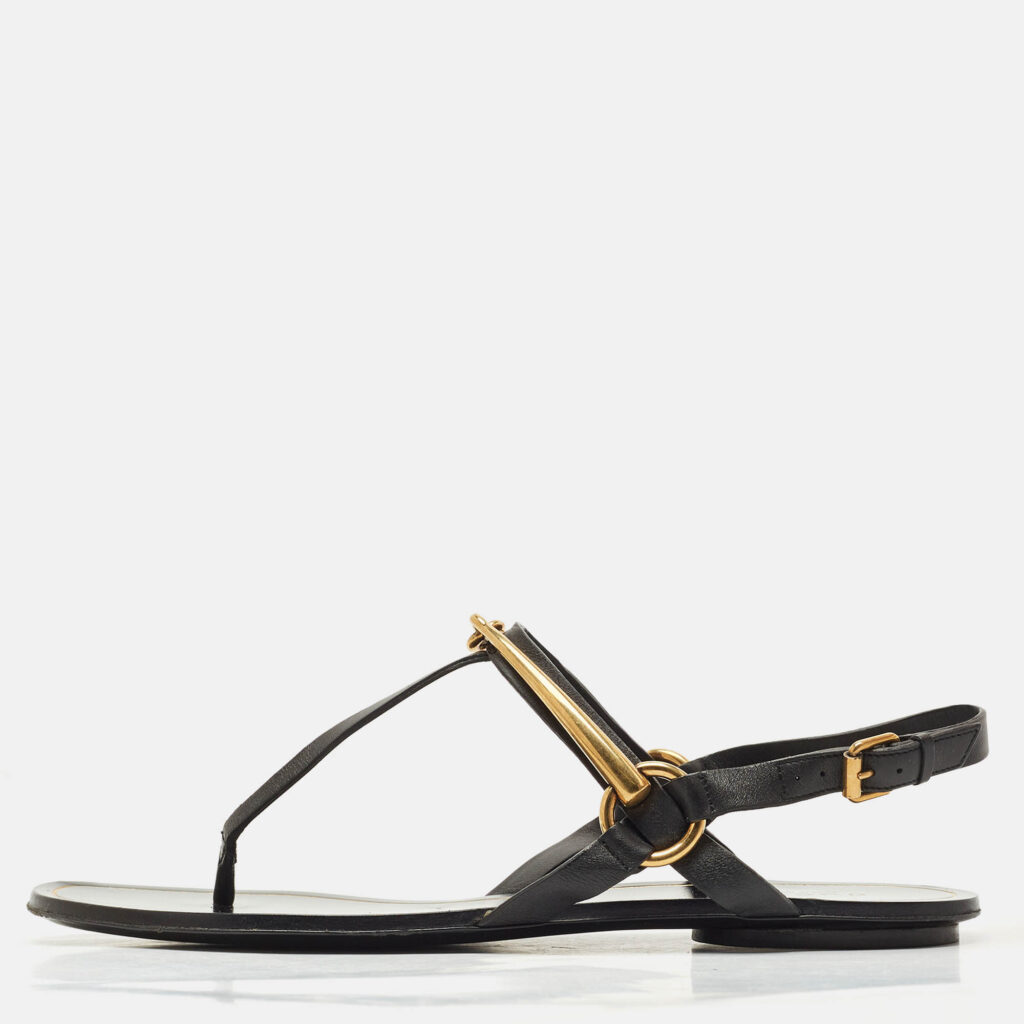 Gucci Black Leather Thong Flat Sandals Size 39.5