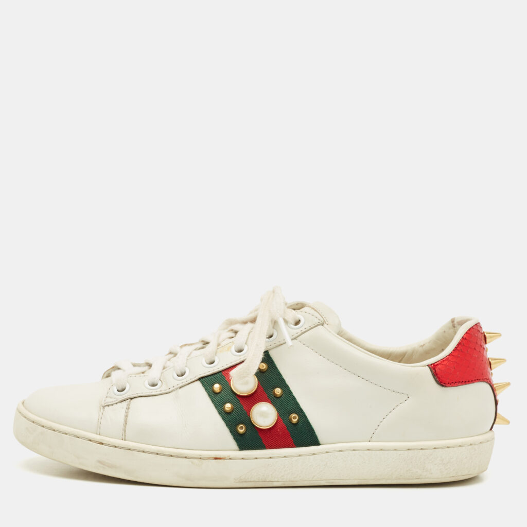 Gucci White Leather and Snakeskin Embossed Leather Ace Web Lace Up Sneakers Size 38 Gucci White Leather and Snakeskin Embossed Leather Ace Web Lace Up Sneakers Size 38