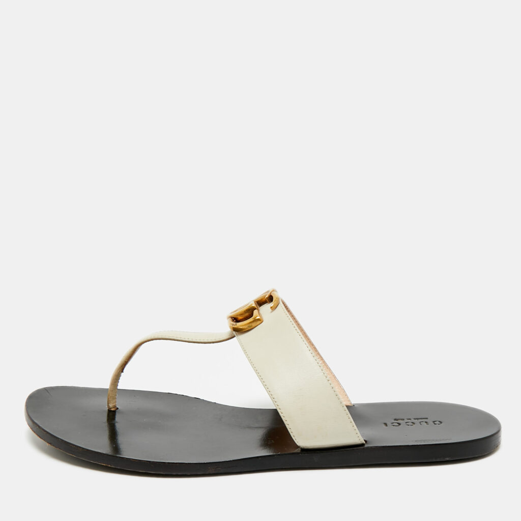 Gucci Cream Leather GG Marmont Thong Slide Flats Size 38