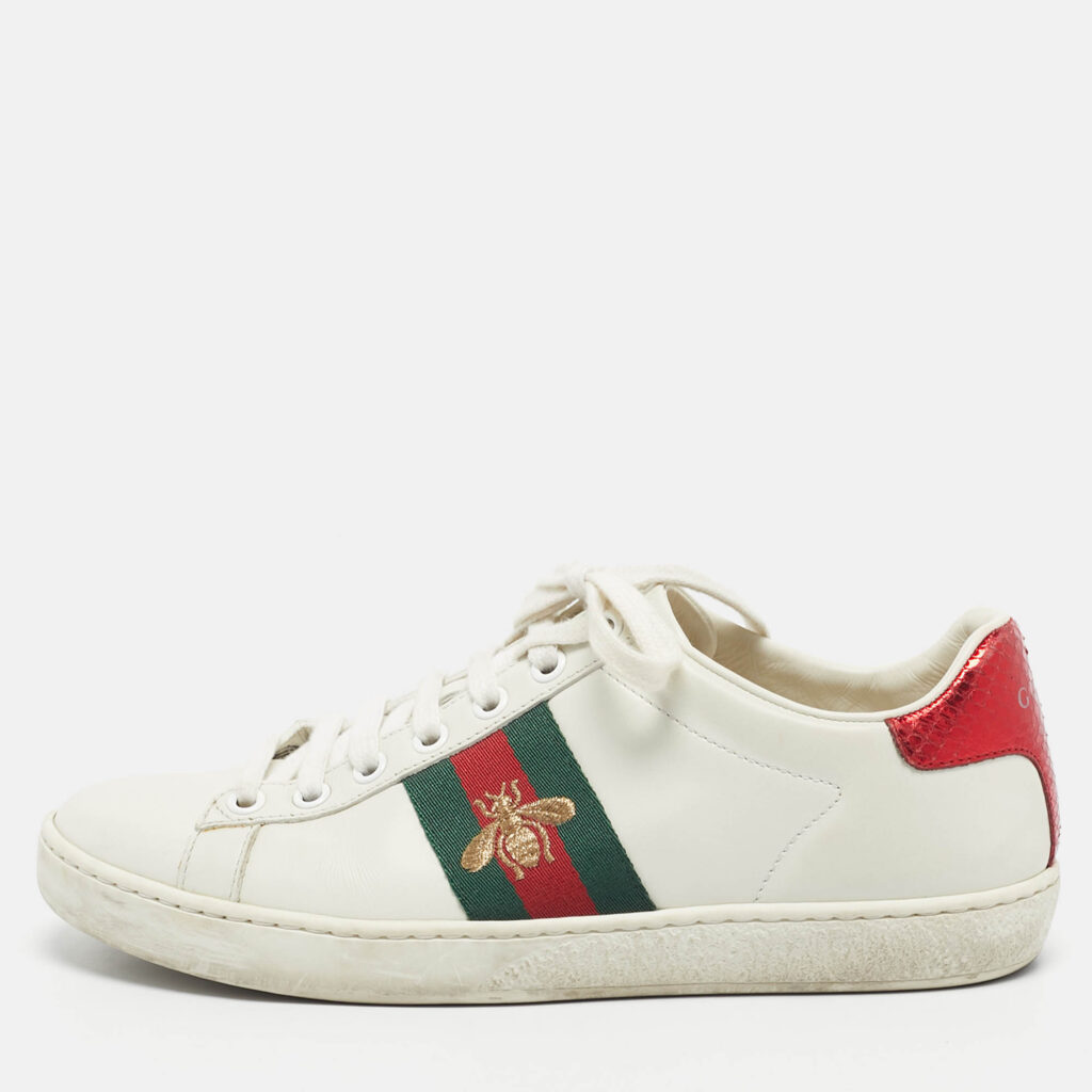 Gucci White Leather and Snakeskin Embossed Ace Lace Up Sneakers Size 35.5 Gucci White Leather and Snakeskin Embossed Ace Lace Up Sneakers Size 35.5