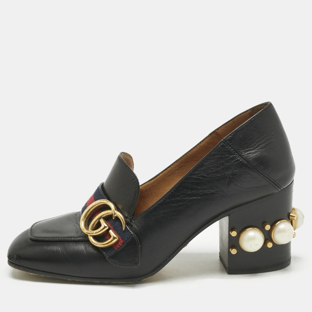Gucci Black Leather Web Pearl Embellished Peyton Loafer Pumps Size 35.5 Gucci Black Leather Web Pearl Embellished Peyton Loafer Pumps Size 35.5