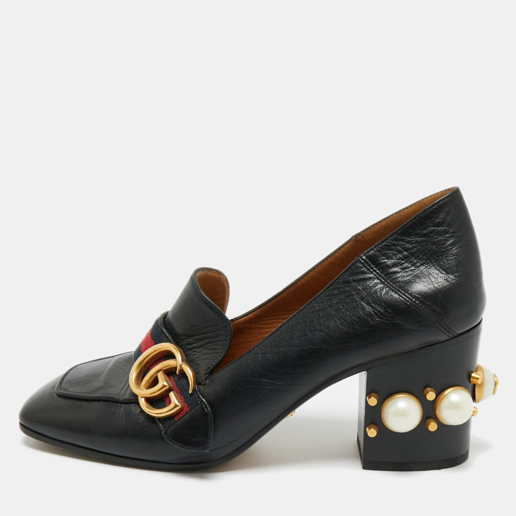 Gucci Black Leather Web GG Marmont Faux Pearl Embellished Loafer Pumps Size 37