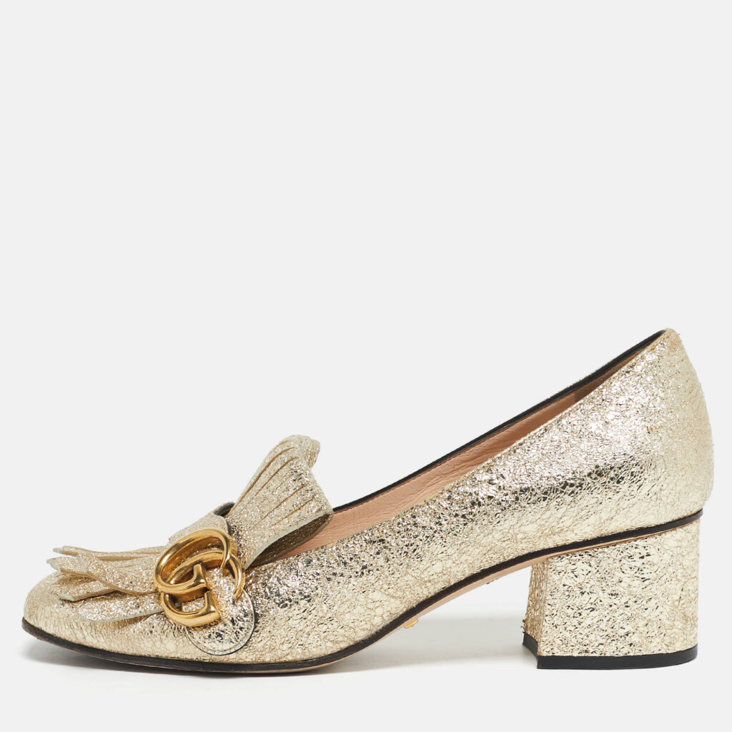 Gucci Metallic Gold Leather GG Marmont Block Heel Pumps Size 37.5 Gucci Metallic Gold Leather GG Marmont Block Heel Pumps Size 37.5
