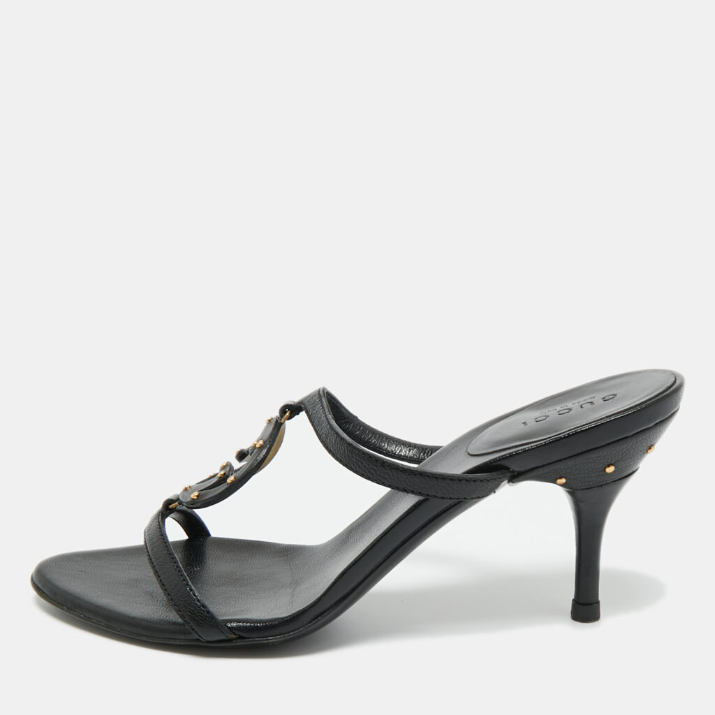 Gucci Black Leather GG Interlocking Slide Sandals Size 35.5