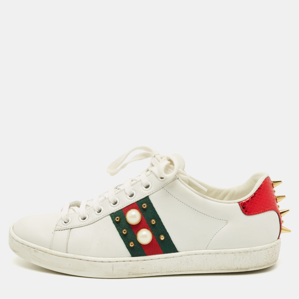 Gucci White Leather and Python Embossed Pearl Studded Ace Sneakers Size 38 Gucci White Leather and Python Embossed Pearl Studded Ace Sneakers Size 38