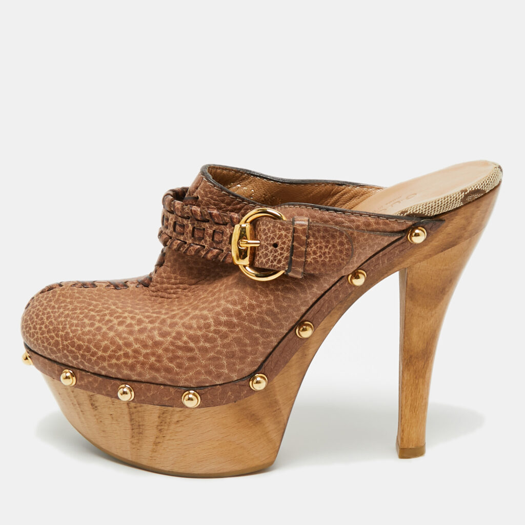 Gucci Brown GG Leather Janis Studded Platform Clogs Size 35.5 Gucci Brown GG Leather Janis Studded Platform Clogs Size 35.5