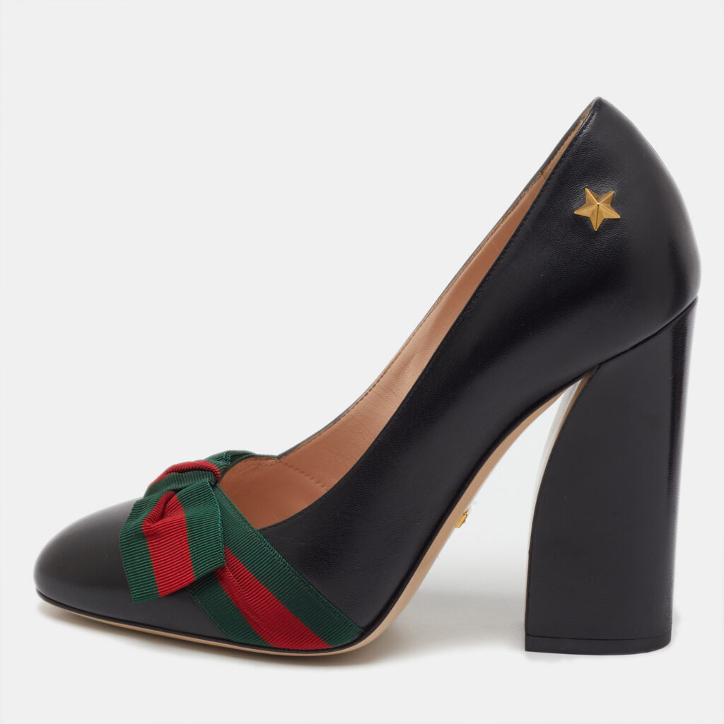 Gucci Black Leather Aline Web Bow Block Heel Pumps Size 38 Gucci Black Leather Aline Web Bow Block Heel Pumps Size 38