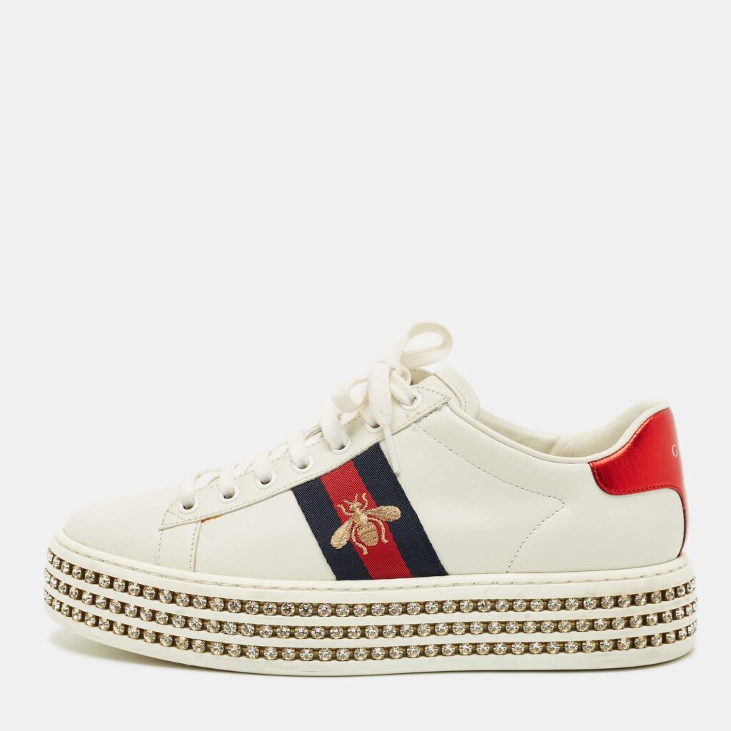 Gucci White Leather Embroidered Bee Crystal Embellished Platform New Ace Sneakers Size 38 Gucci White Leather Embroidered Bee Crystal Embellished Platform New Ace Sneakers Size 38