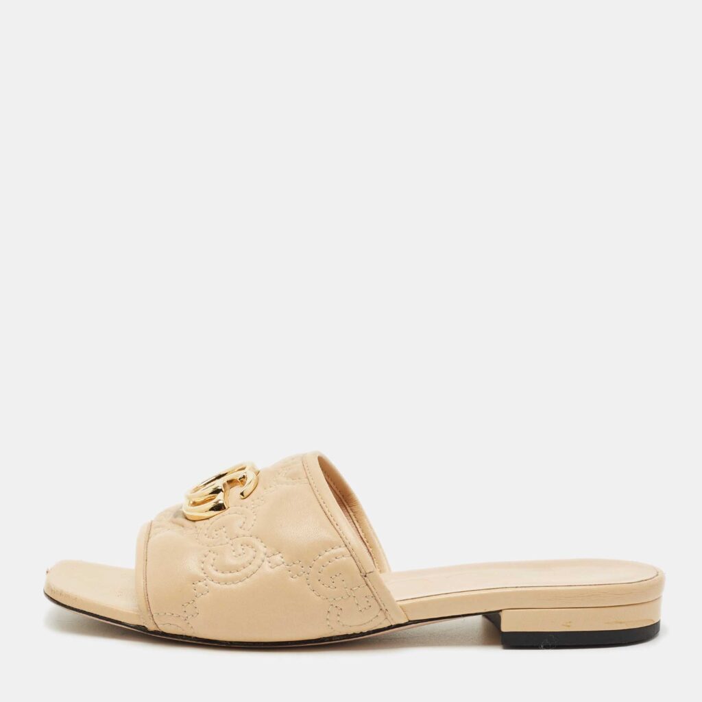 Gucci Beige Leather GG Marmont Flat Slides Size 36
