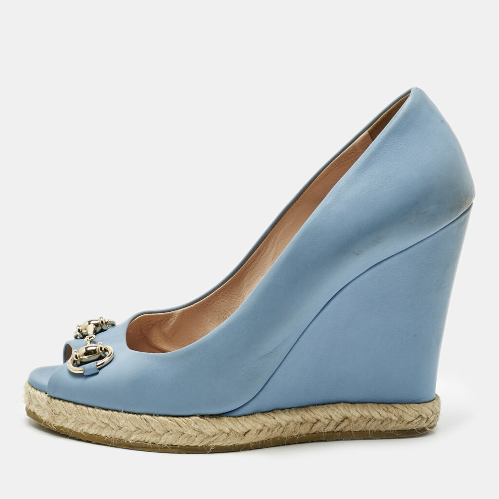 Gucci Sky Blue Leather Horsebit Wedge Pumps Size 38 Gucci Sky Blue Leather Horsebit Wedge Pumps Size 38