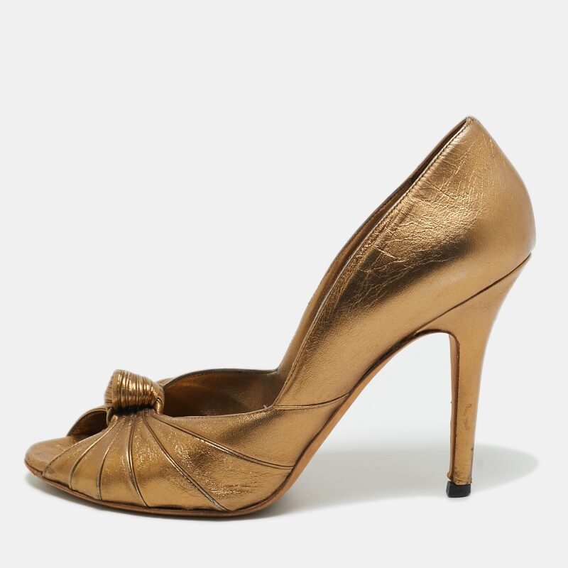 Gucci Metallic Bronze Leather Knot Peep Toe Pumps Size 41 Gucci Metallic Bronze Leather Knot Peep Toe Pumps Size 41