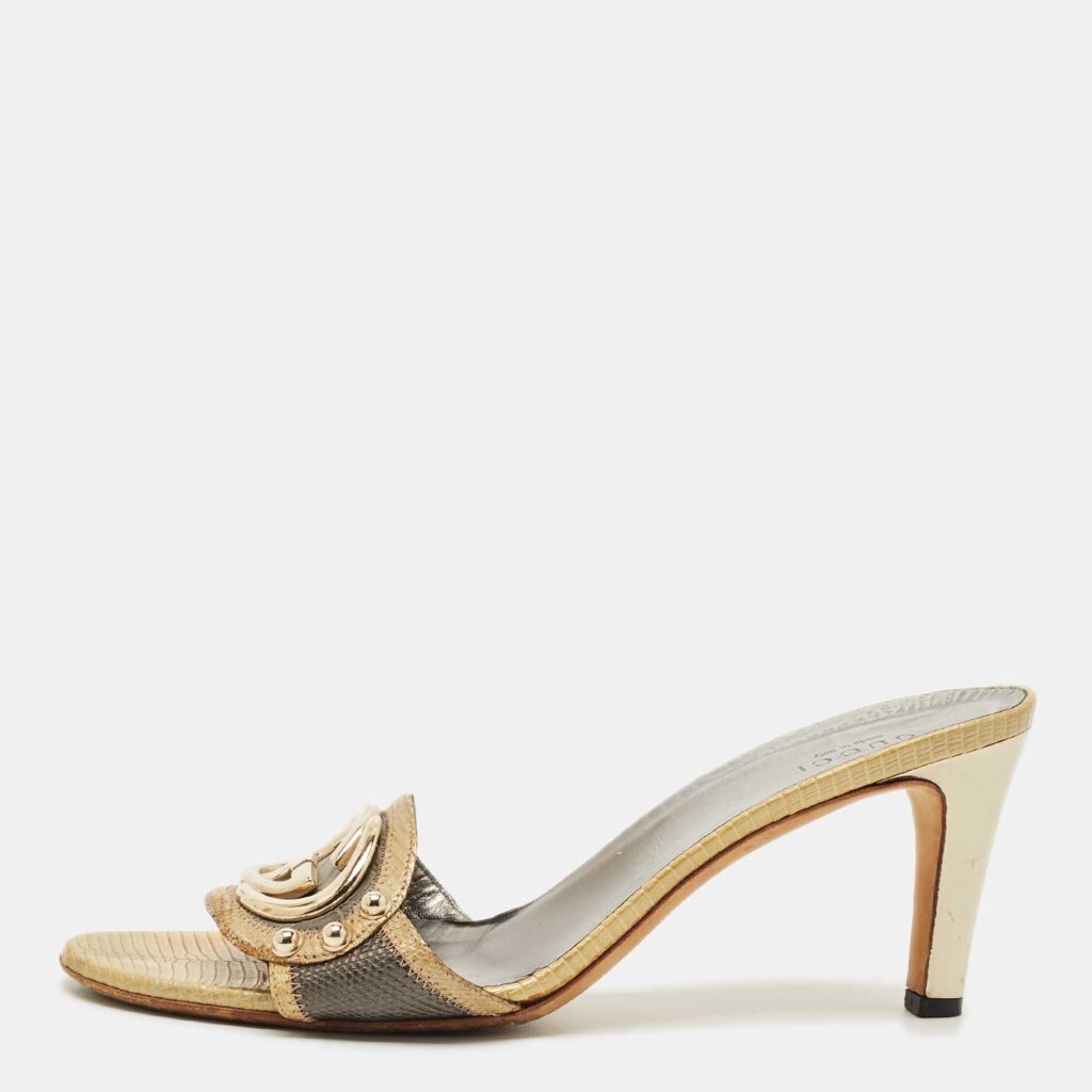 Gucci Grey/Olive Green Croc Embossed and Lizard Embossed Interlocking G Slide Sandals Size 37.5 Gucci Grey/Olive Green Croc Embossed and Lizard Embossed Interlocking G Slide Sandals Size 37.5