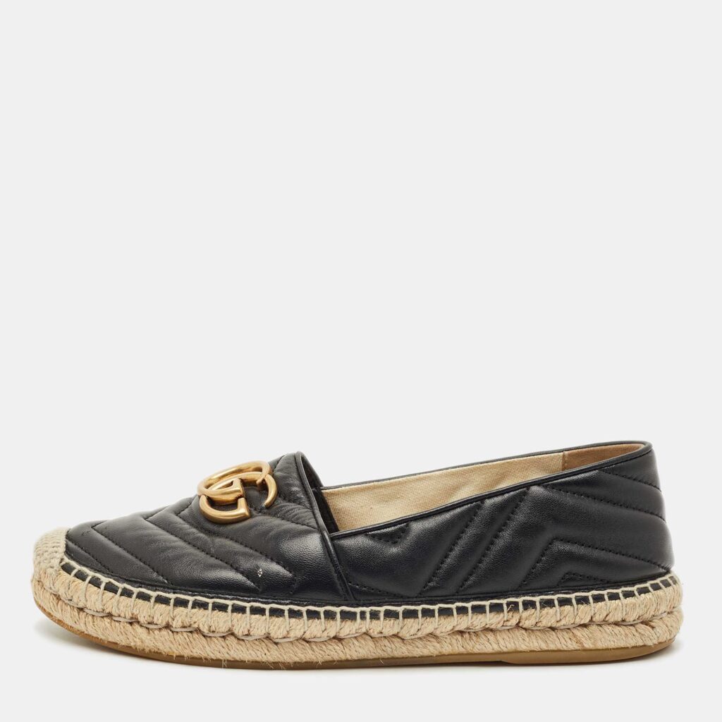 Gucci Black Leather GG Marmont Espadrille Flats Size 37.5