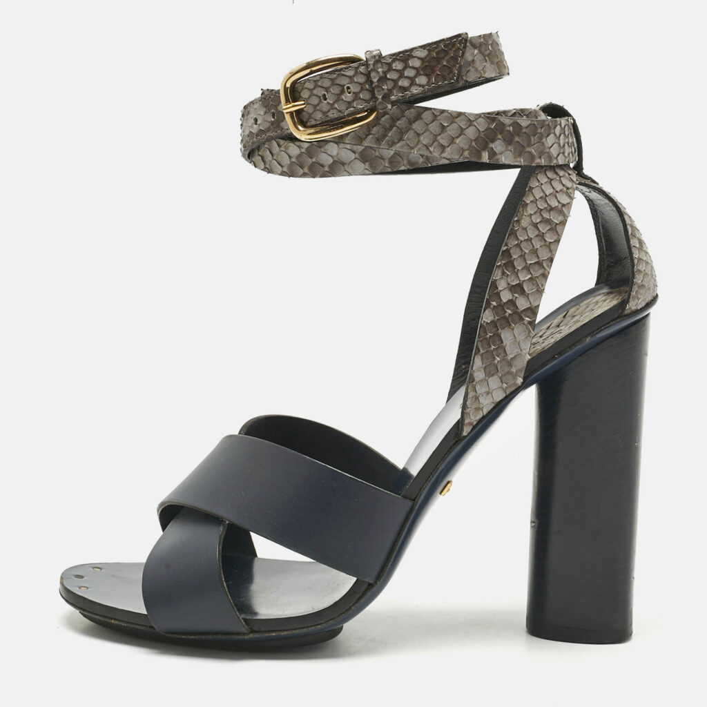 Gucci Navy Blue/Grey Leather and Snakeskin Ankle Strap Sandals Size 38 Gucci Navy Blue/Grey Leather and Snakeskin Ankle Strap Sandals Size 38