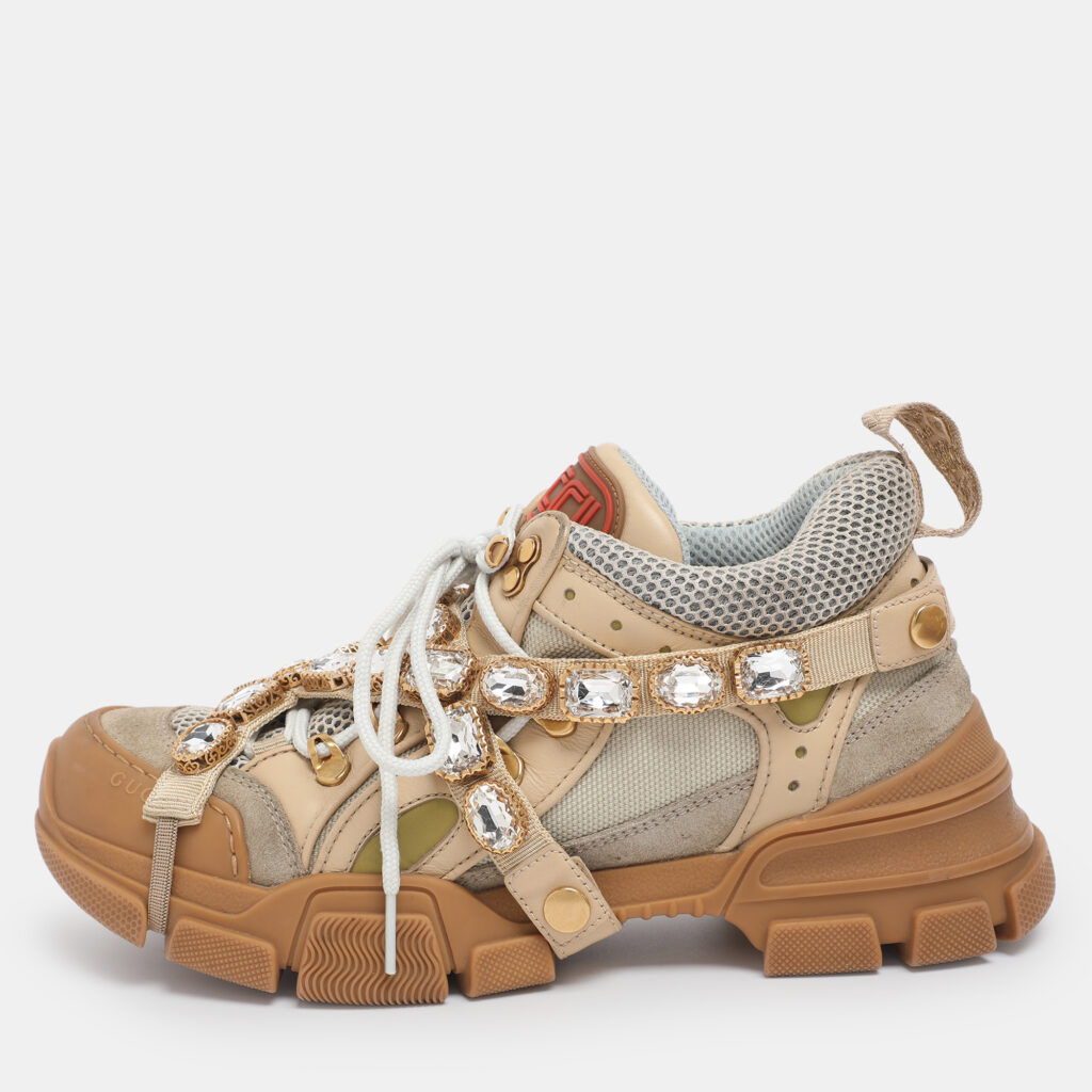 Gucci Beige Leather, Suede and Mesh Flashtrek Chunky Sneakers Size 39 Gucci Beige Leather, Suede and Mesh Flashtrek Chunky Sneakers Size 39