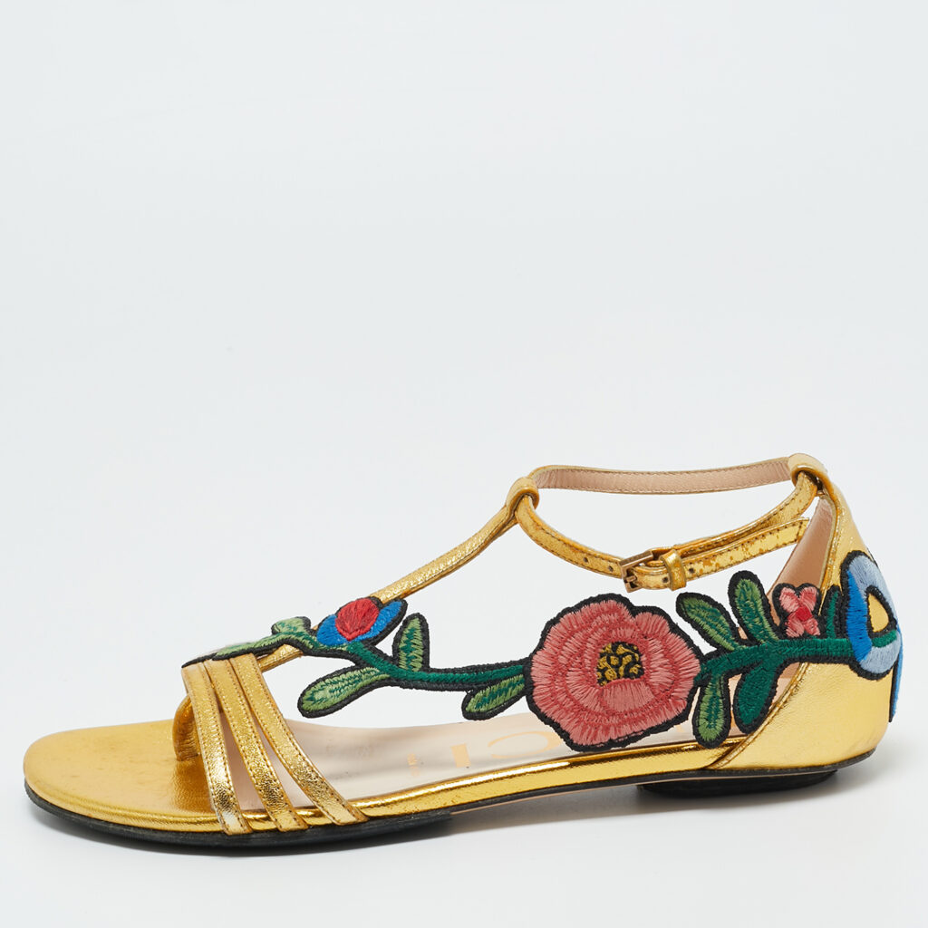 Gucci Gold Leather Ophelia Floral Embroidered Flat Sandals Size 34.5 Gucci Gold Leather Ophelia Floral Embroidered Flat Sandals Size 34.5