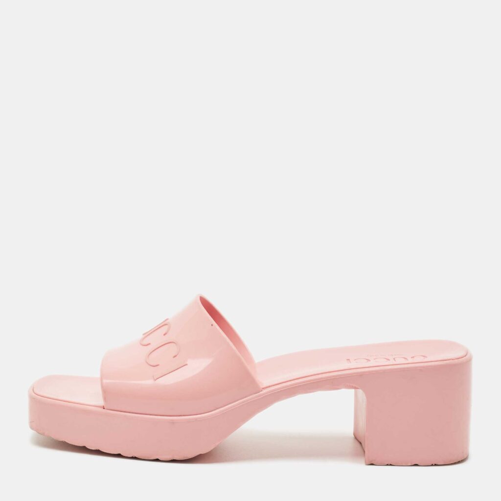 Gucci Pink Rubber Embossed Logo Block Heel Slide Sandals Size 37