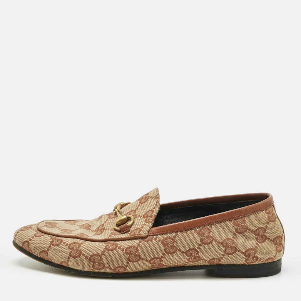 Gucci Beige GG Canvas Jordaan Horsebit Loafers Size 36.5 Gucci Beige GG Canvas Jordaan Horsebit Loafers Size 36.5