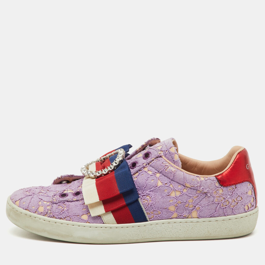 luxury-women-gucci-used-shoes-p1207785-002-1.jpg Gucci Purple Lace Crystal Sylvie Web Flower Leaf Ace Slip On Sneakers Size 35.5