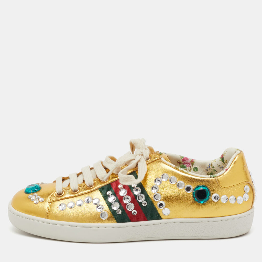 Gucci Metallic Gold Leather Crystal Web Low Top Sneakers Size 35 Gucci Metallic Gold Leather Crystal Web Low Top Sneakers Size 35