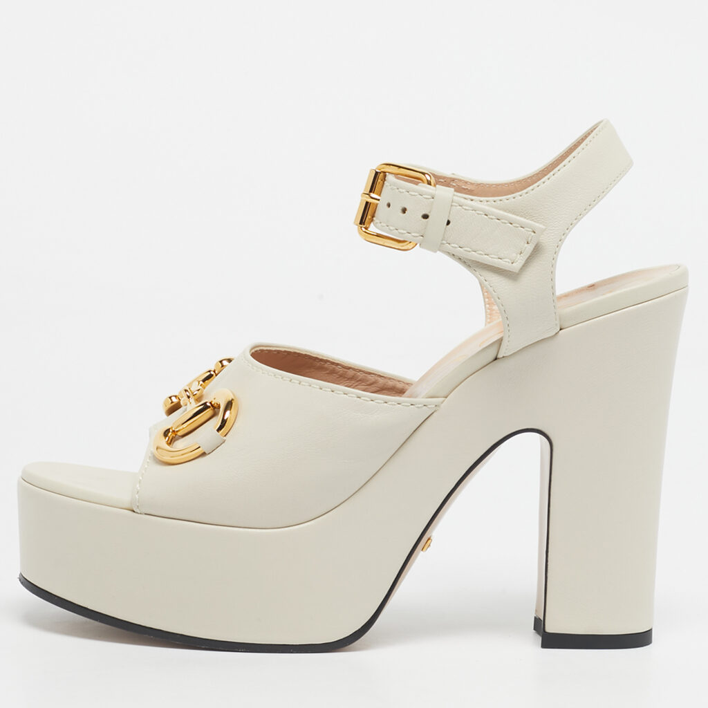 Gucci Off White Leather Horsebit Platform Block Heel Ankle Strap Sandals Size 39.5 Gucci Off White Leather Horsebit Platform Block Heel Ankle Strap Sandals Size 39.5