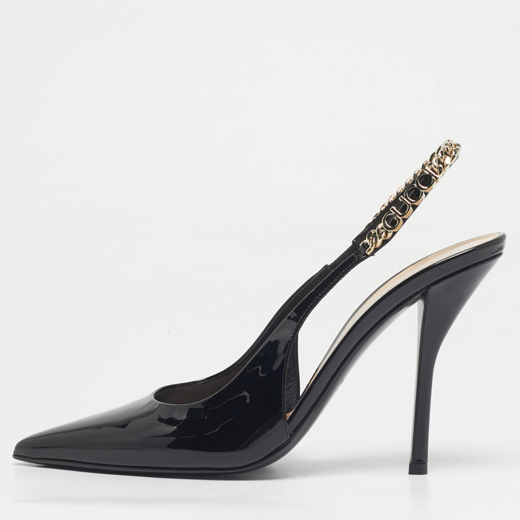 Gucci Black Patent Leather Signoria Chain Link Slingback Pumps Size 40