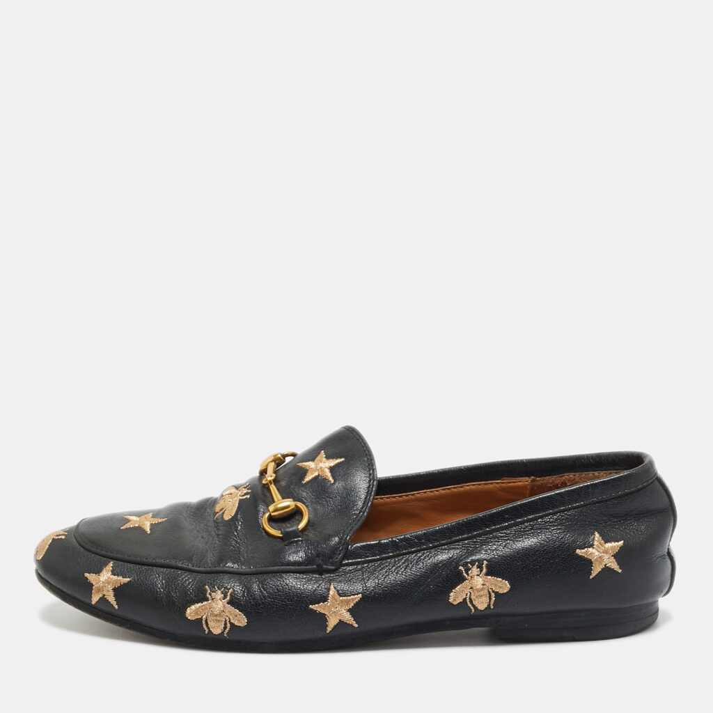 luxury-women-gucci-used-shoes-p1209825-001-1.jpg Gucci Black Leather Embroidered Bee Star Horsebit Slip On Loafers Size 39