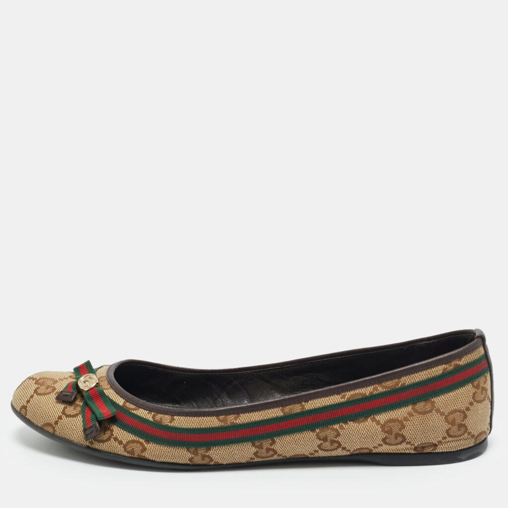 Gucci Beige/Brown GG Canvas And Leather Mayfair Web Bow Detail Ballet Flats Size 36.5 Gucci Beige/Brown GG Canvas And Leather Mayfair Web Bow Detail Ballet Flats Size 36.5