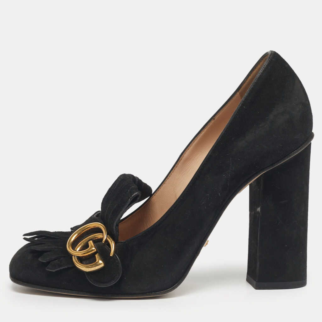 Gucci Black Suede GG Marmont Block Heel Pumps Size 38.5
